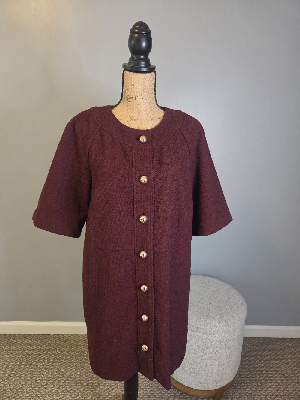 H&M Burgundy Short-Sleeve Knit Coatigan with Gold Buttons